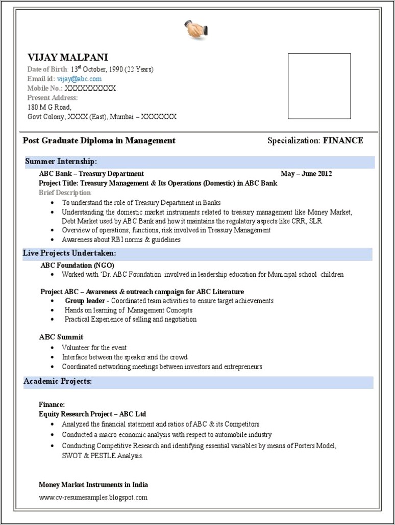 Mba Finance 1 Year Experience Resume