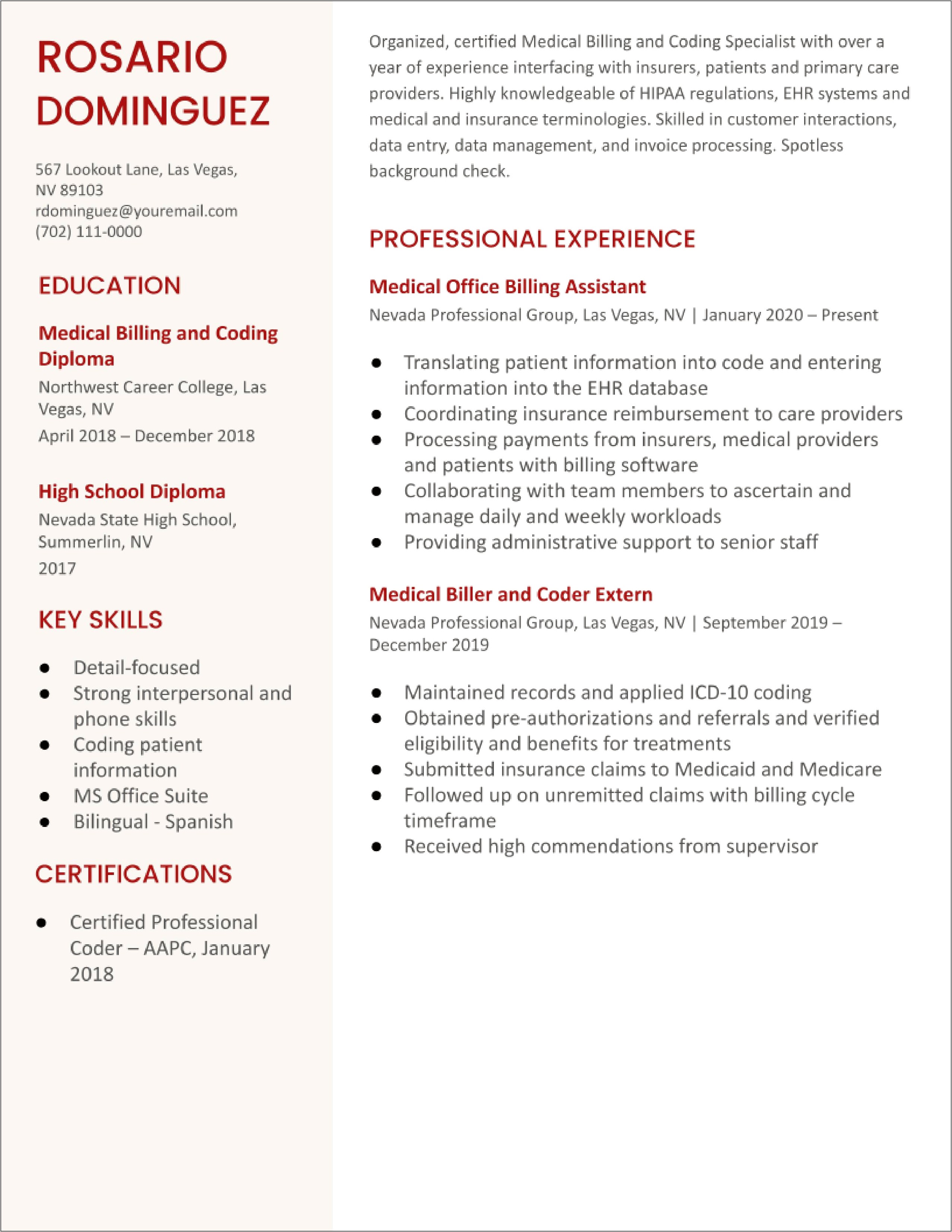 Medical Billing And Coding Resume Templates 2 Pages