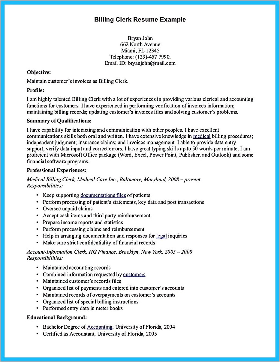 Medical Billing Specialist Job Description For Resume