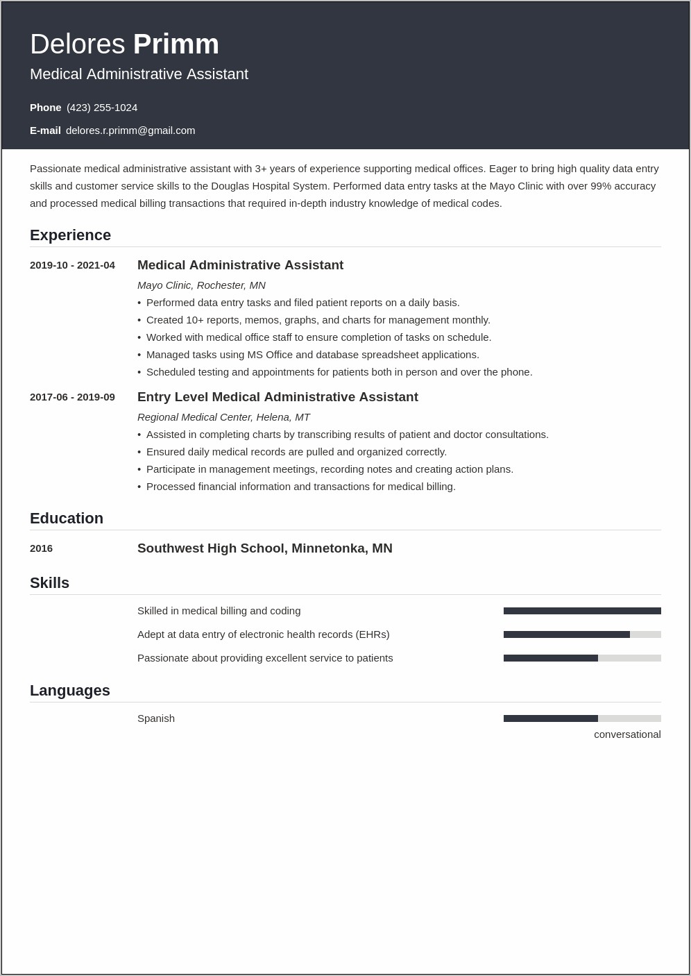 Medical Center Administrative Job Description Resume