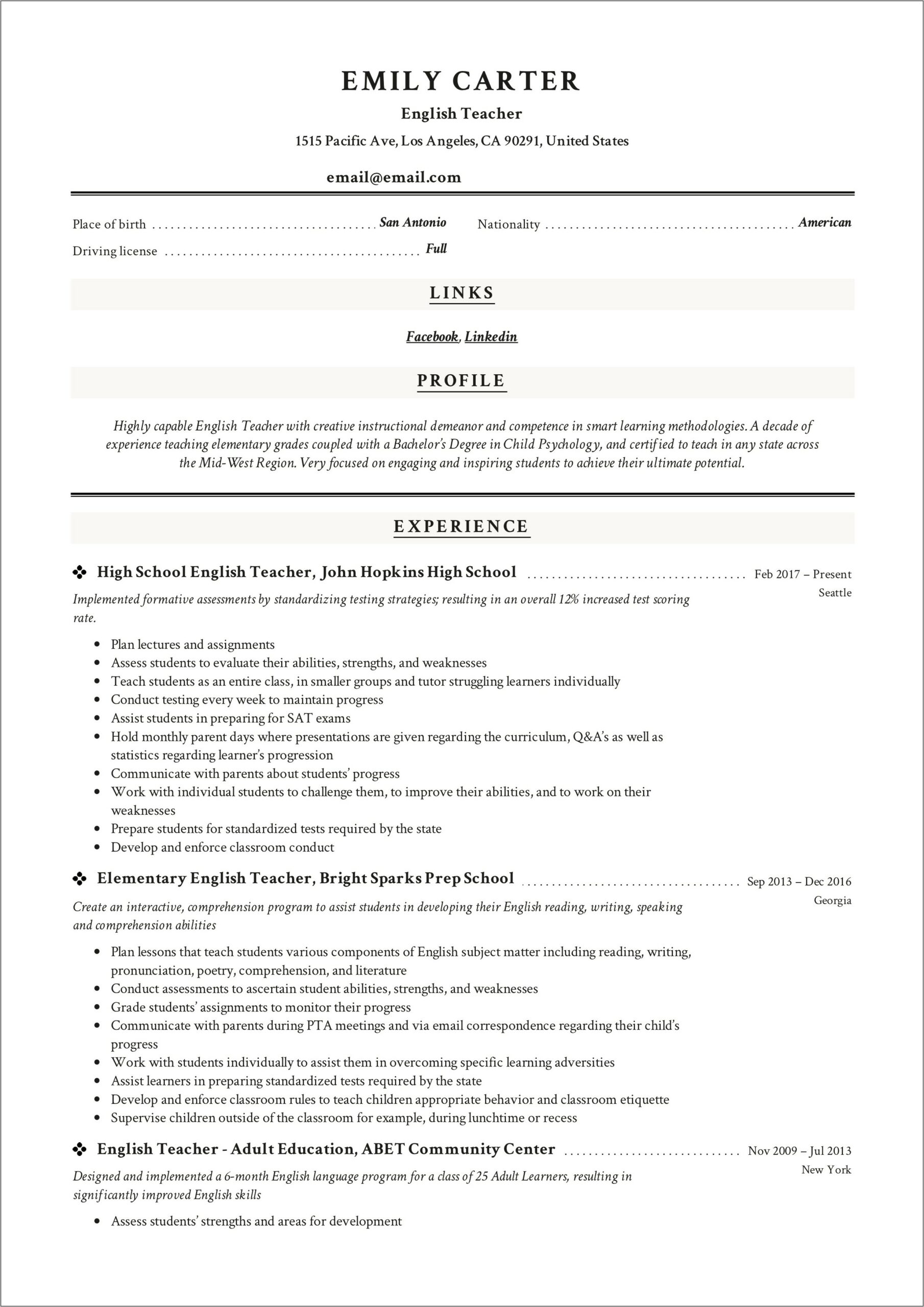 Model Of Resume In English Free