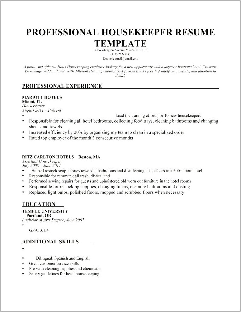 Model Of Template For A Housekeeping Resume