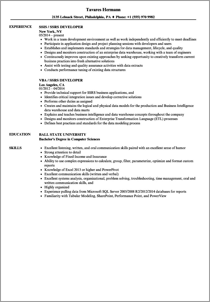 Msbi Developer Resume For 2 Years Experience