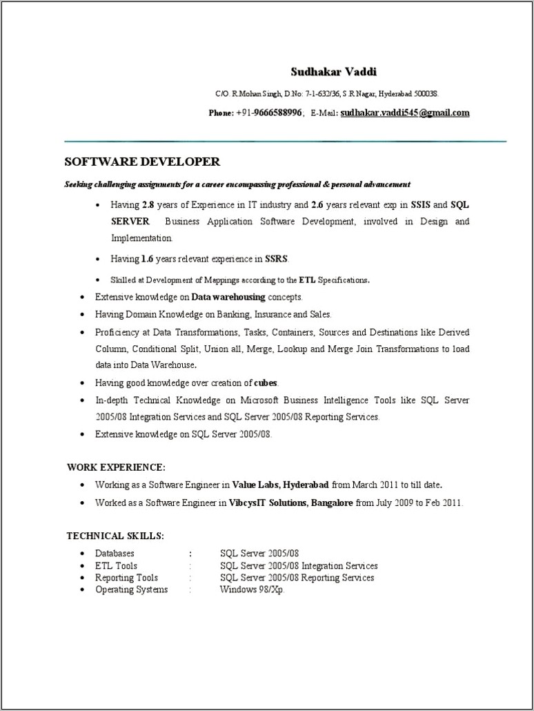 Msbi Resume For 2 Years Experience