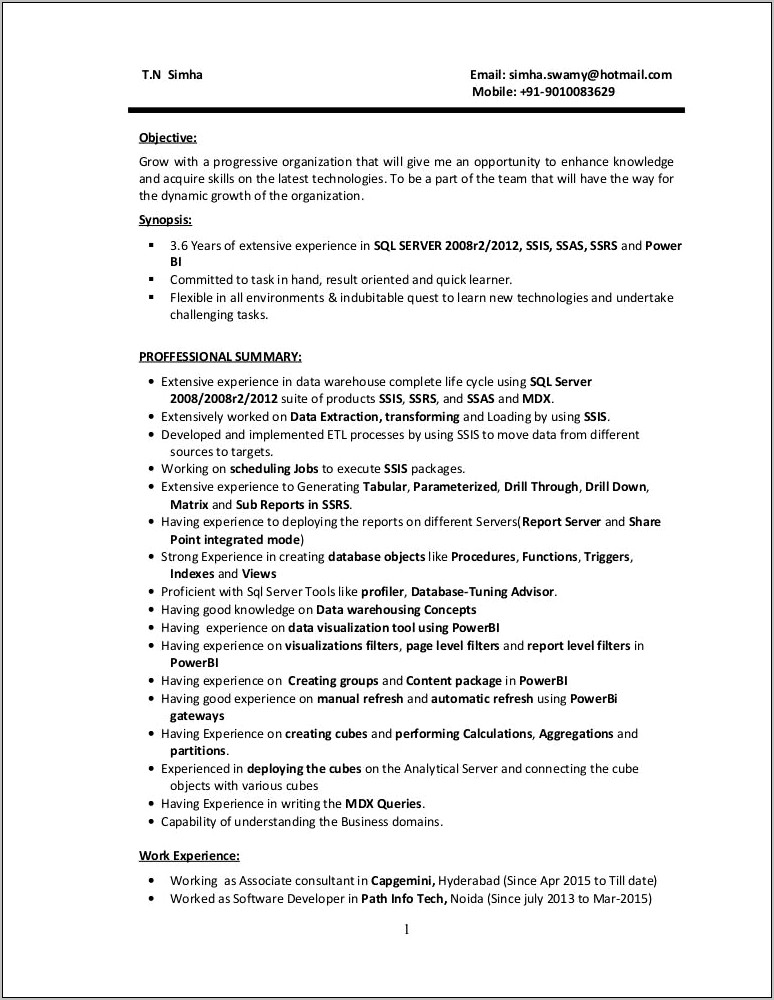 Msbi Resume For 8 Years Experience