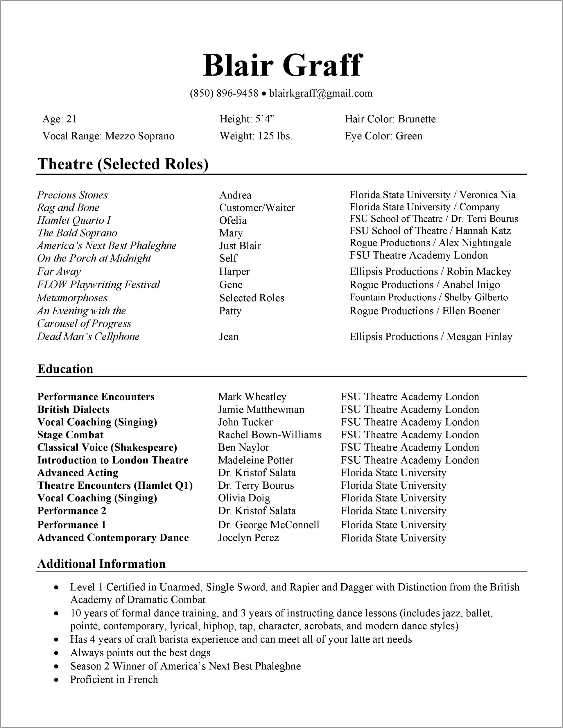 Theatre Resume Template Word