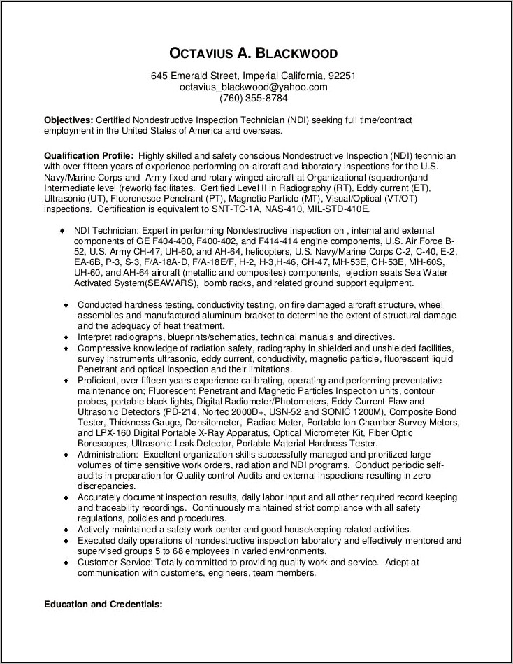 Ndt Level 2 Experience Resume Format