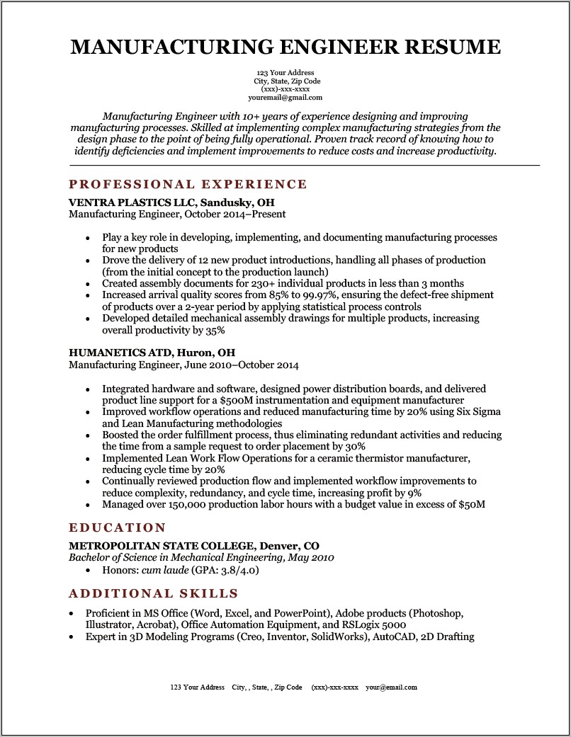 Objective Of A Resume For Manufacturing
