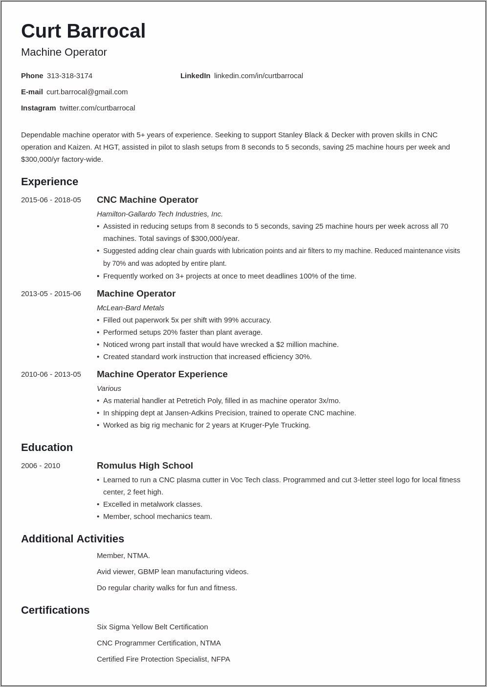 Objective On Resume For Manufacturing