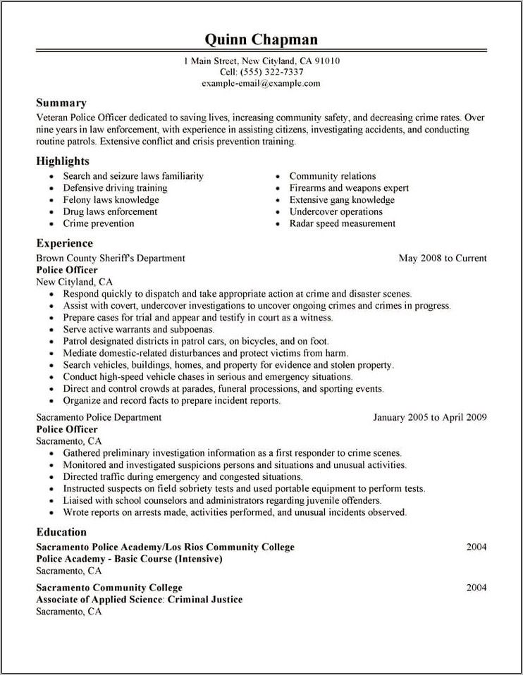 Objective Section Of Resume For Police Officer