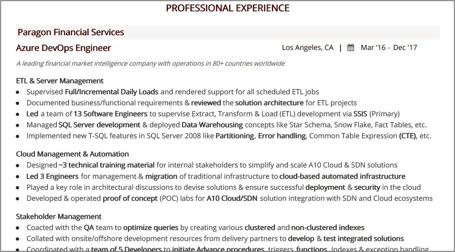 Onsite Experience In Resume Sample