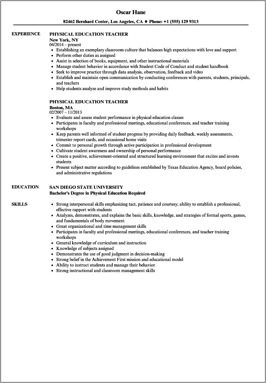 Physical Skills A Teacher Should Have For Resume