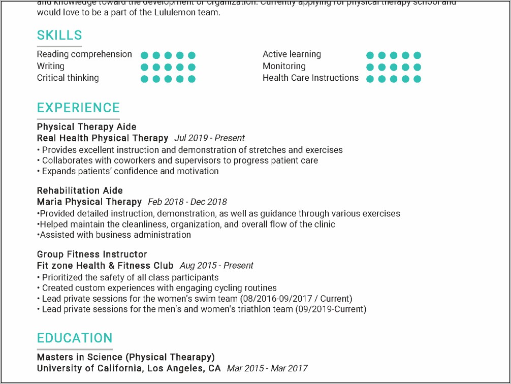 Physical Therapy Resume With Manual Skills