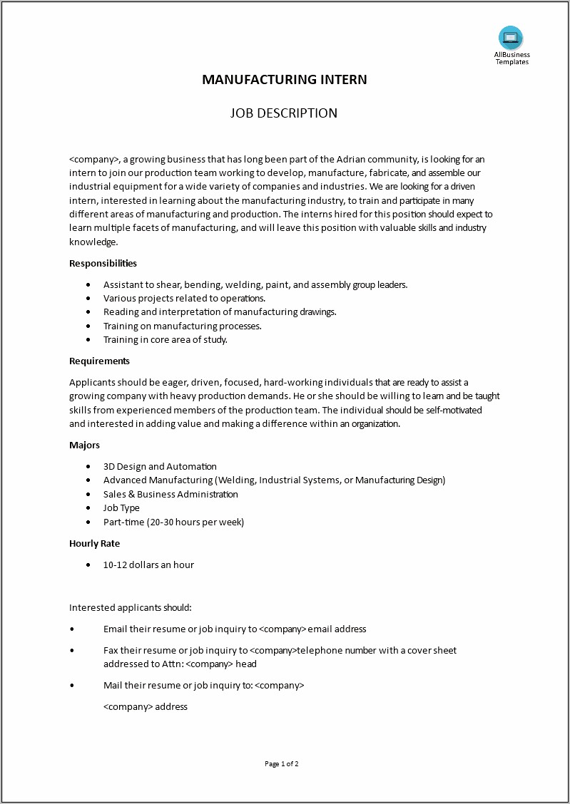 Production Studio Intern Job Description For Resume