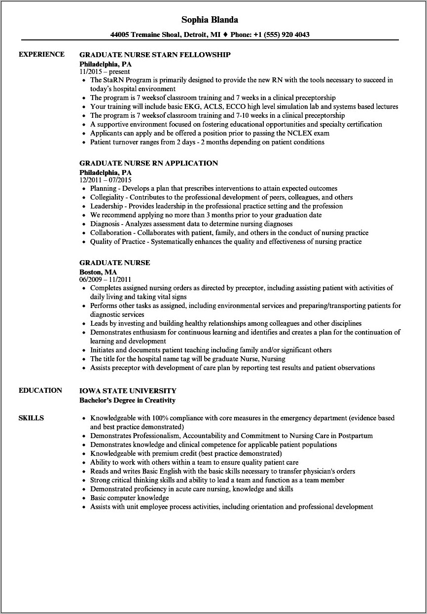 Professional Summary For New Grad Rn Resume