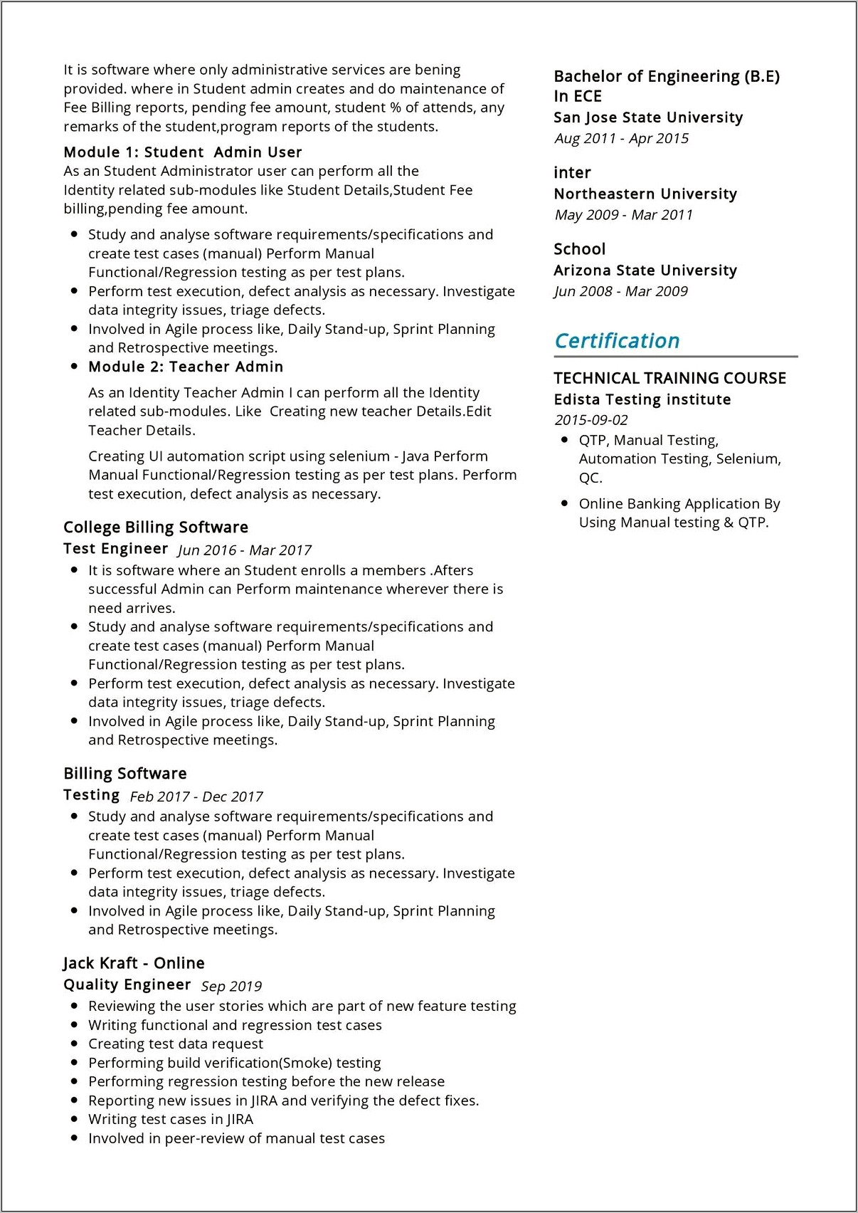 Qtp Sample Resume For Testers