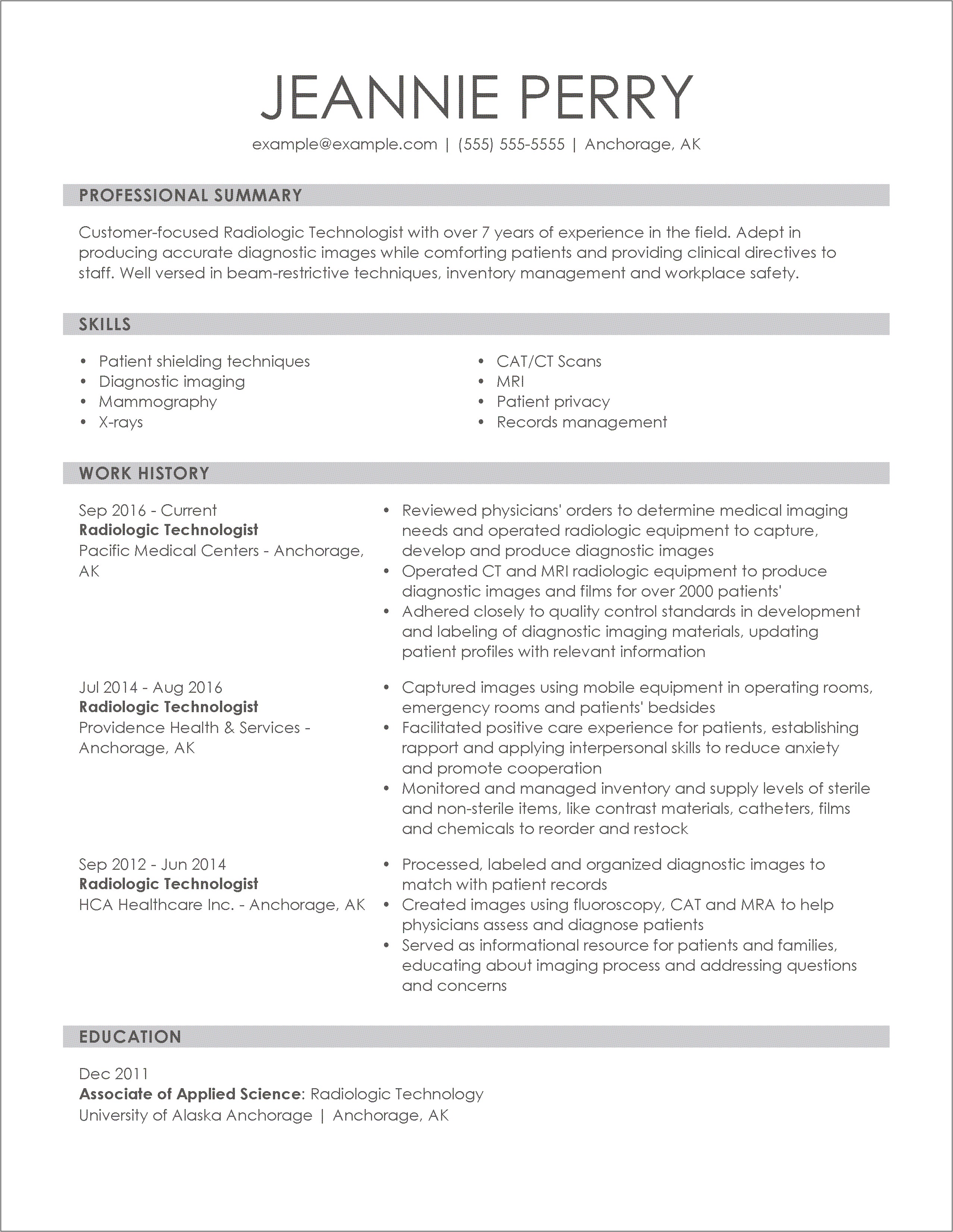 Radiologic Technologist Resume Ats Resume Template