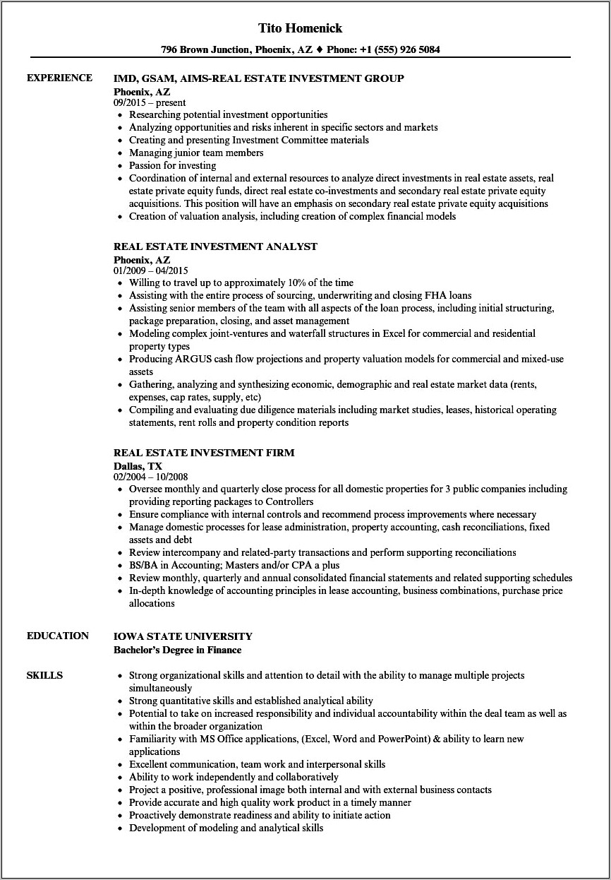 Real Estate Investor Job Description Resume