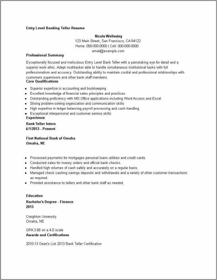 Realted Skills For Bank Teller Resume