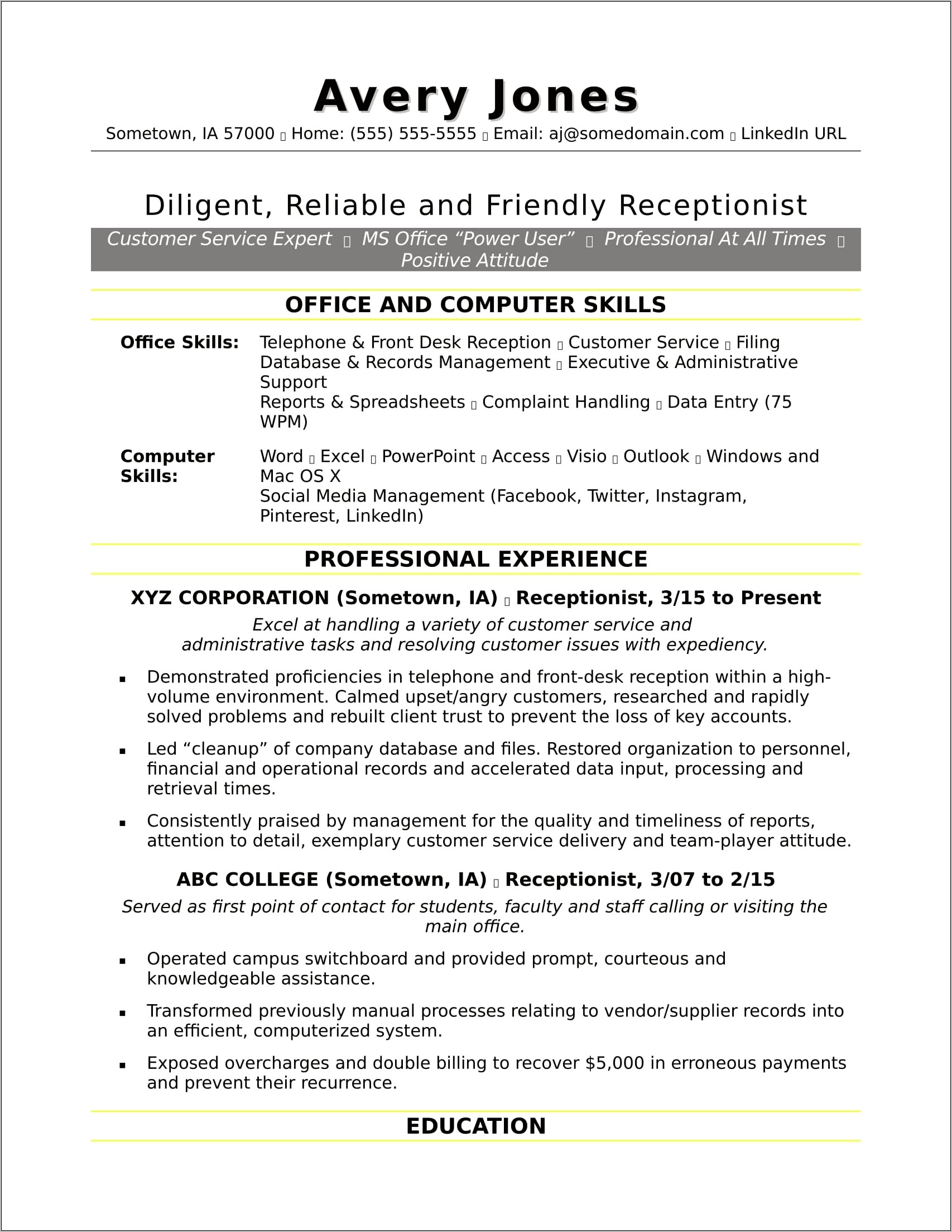 Receptionist Qualities To Put On Resume