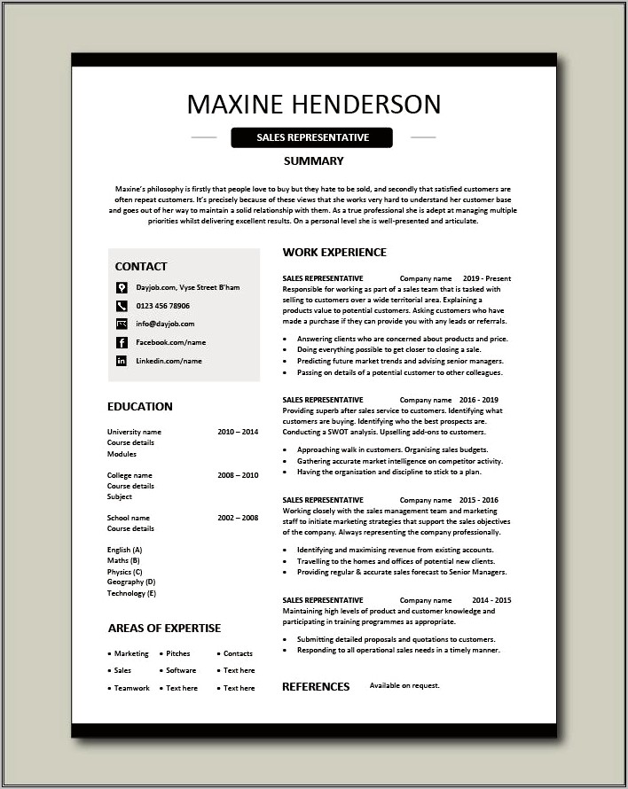 Regional Sales Person Resume Word Document