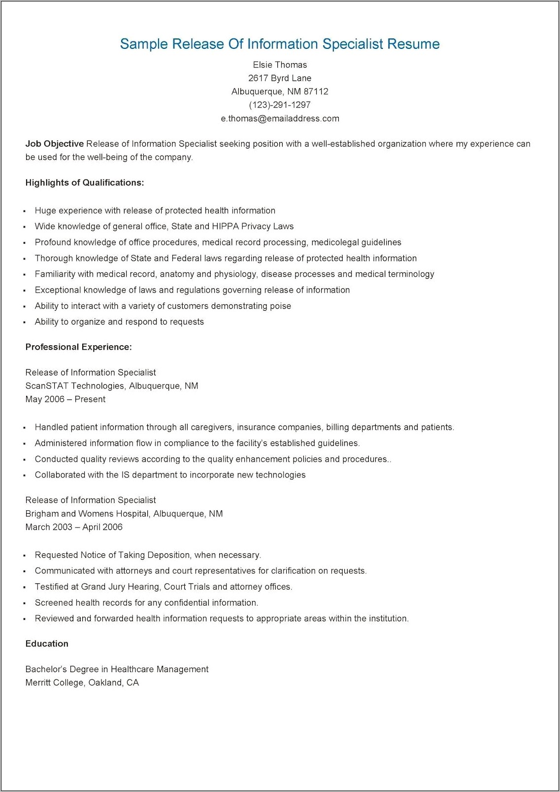 Release Of Information Job Description For Resume