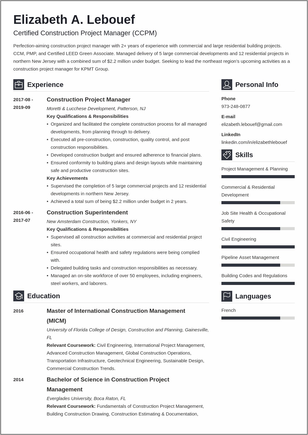 project manager resume construction