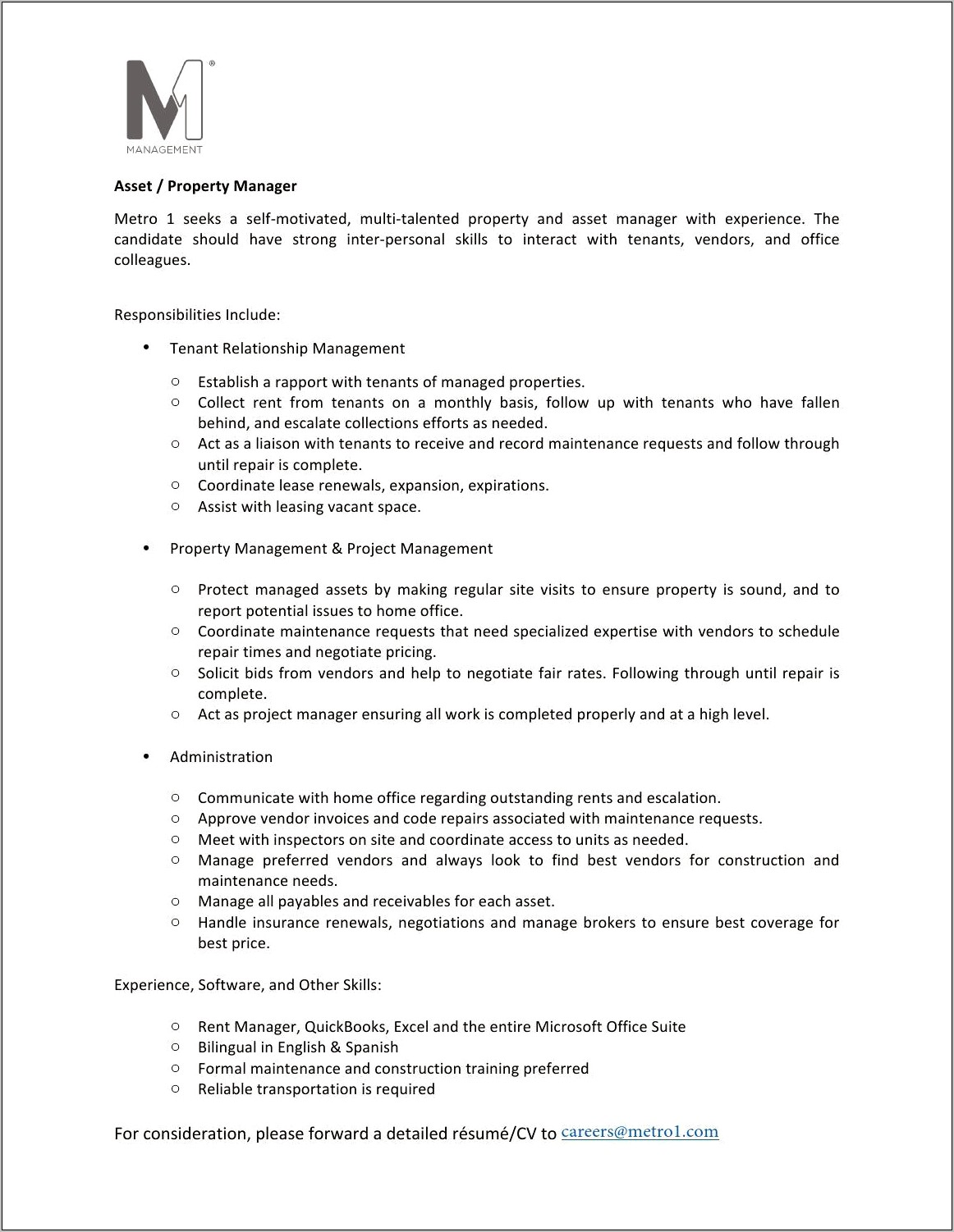 Residential Property Management Job Description For Resume