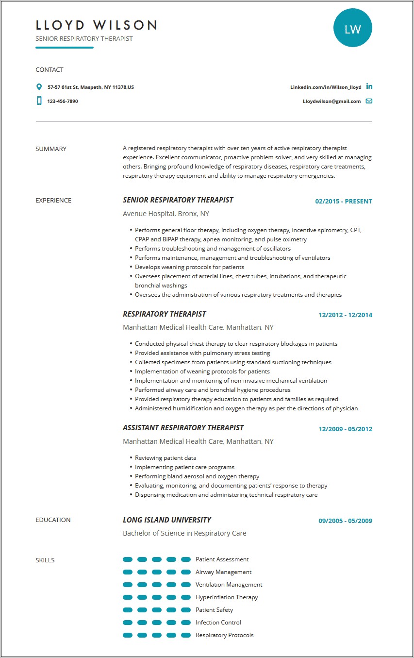 Respiratory Therapist Sample Resume 2 Years Experience