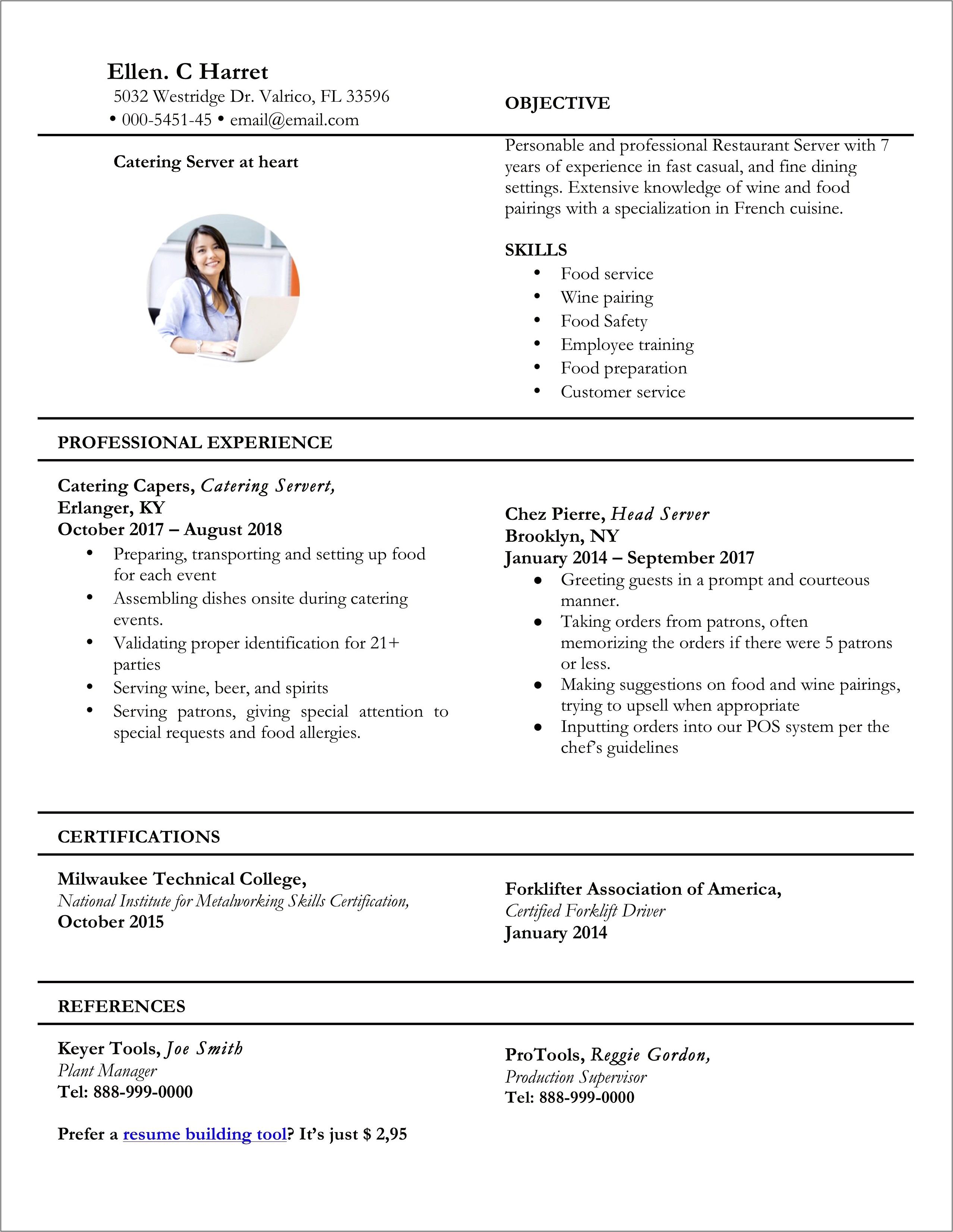 Resume Bullet Points For Serving Job