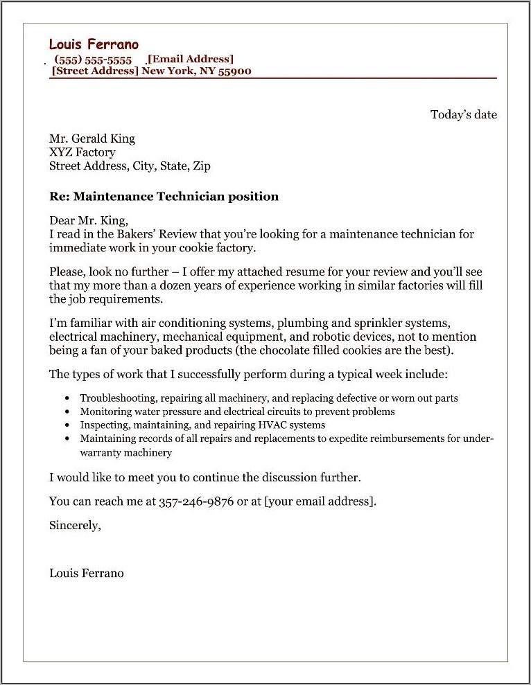 Resume Cover Letter For Maintenance Position