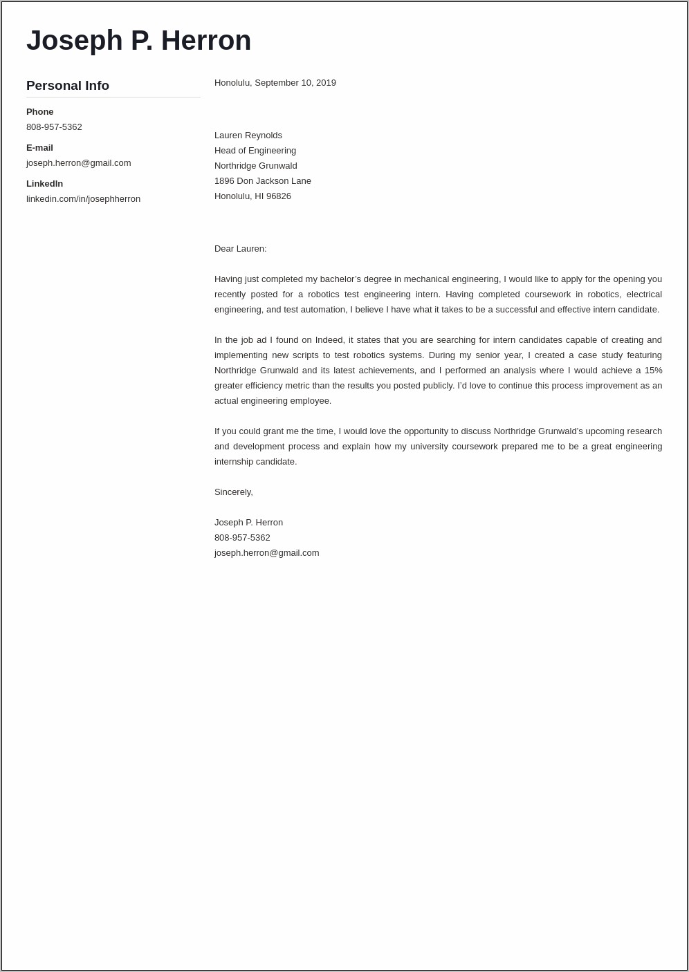 Resume Cover Letter For Quality Engineer