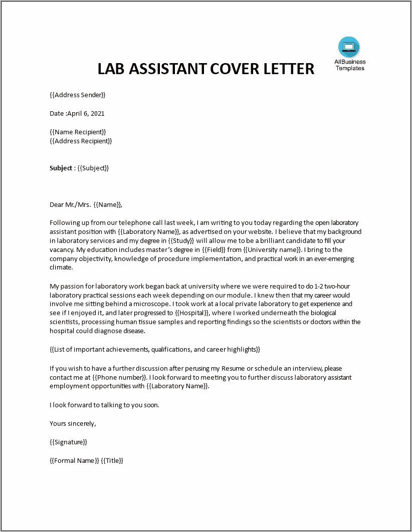 Resume Cover Letter Sample For Lab