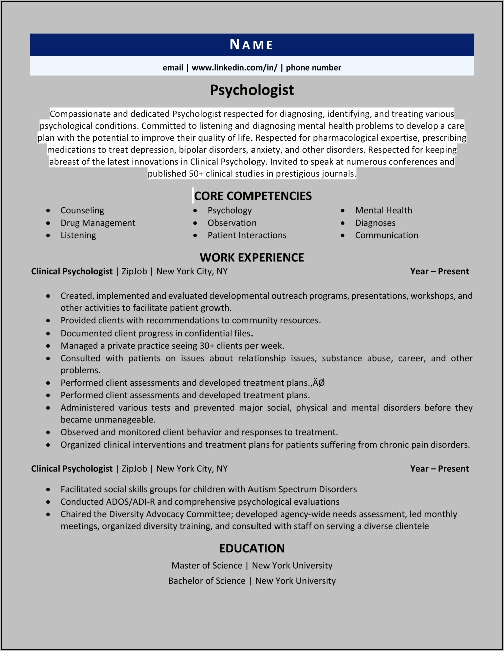 Resume Description Of A Bachelors In Osychology