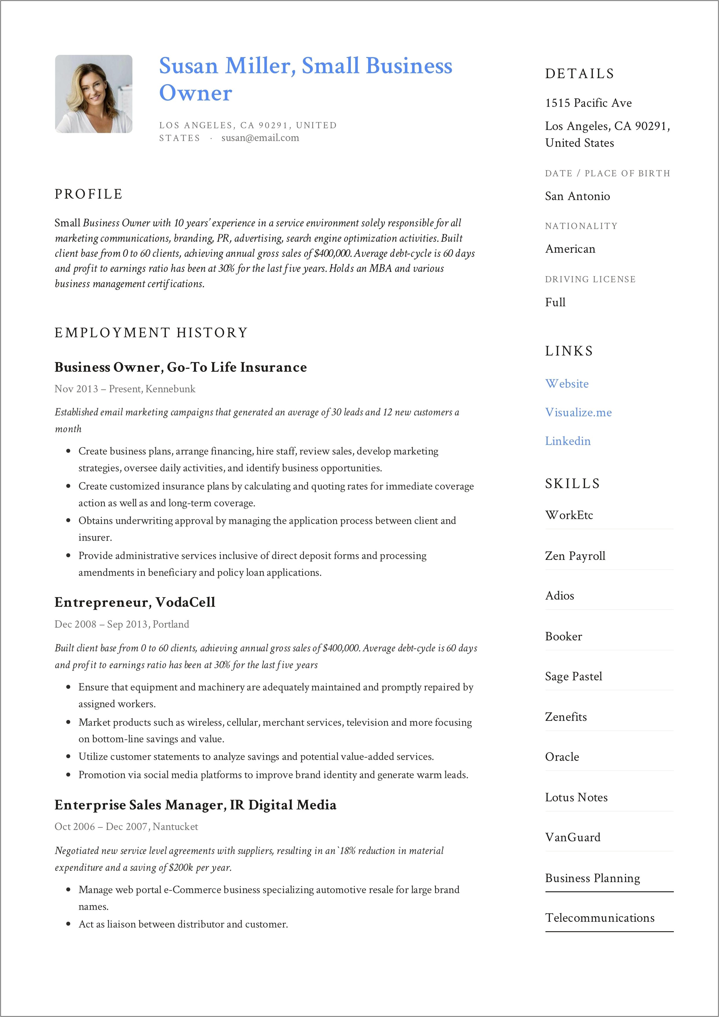 Resume Description Of A Retail Sole Proprietorship