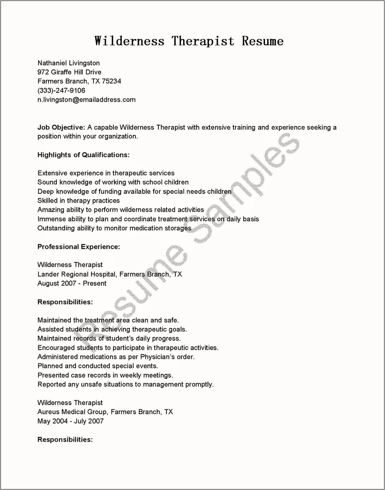 Resume Description Of Wilderness Therapy Job