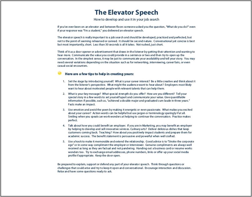 Resume Elevator Pitch Example Developer