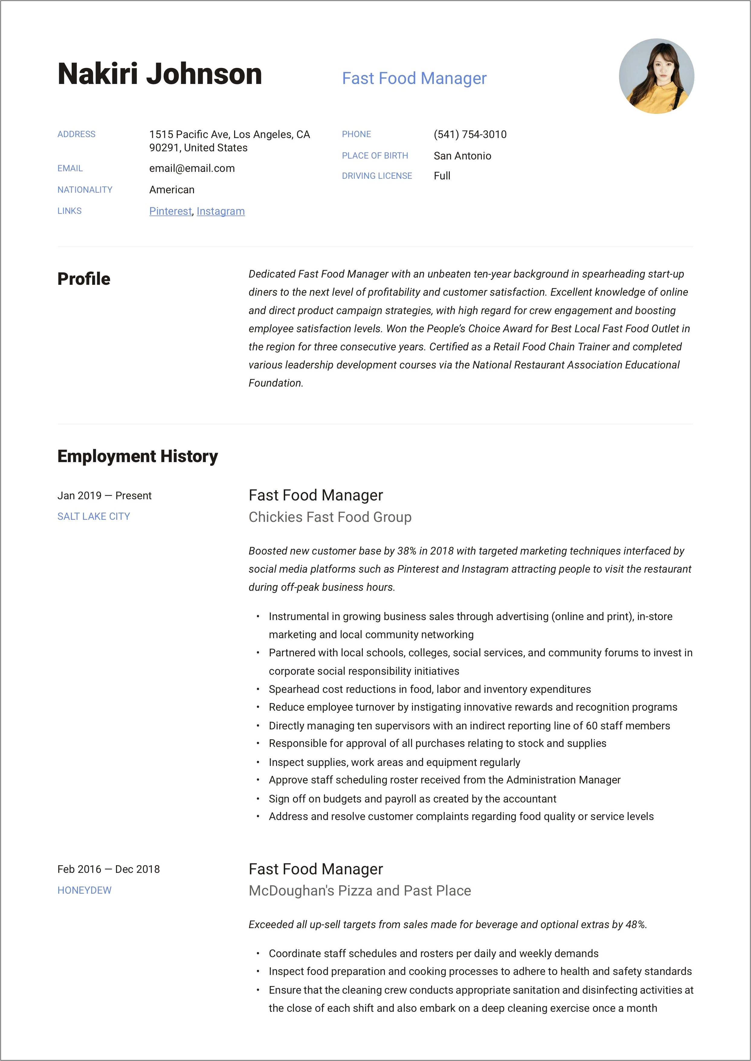 Resume Entry For Fast Food Job