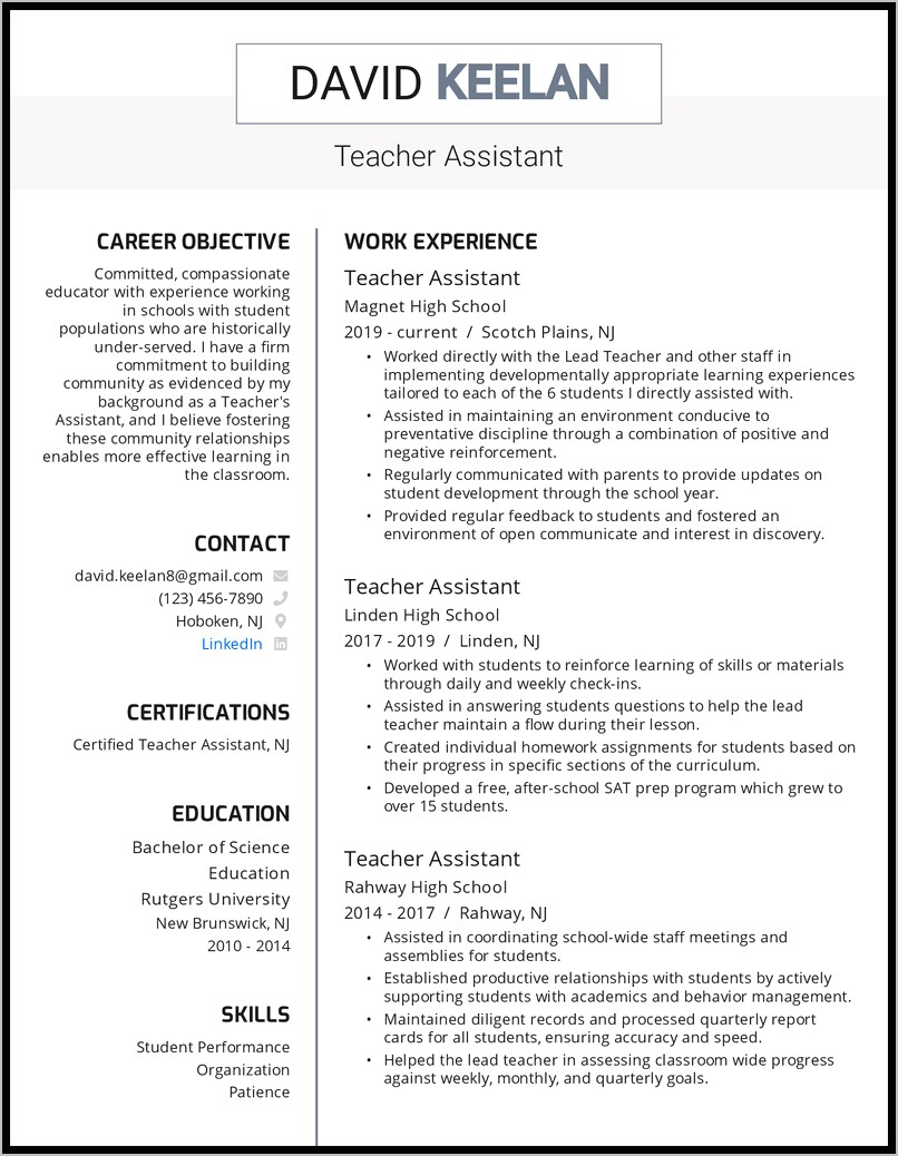 Resume Example For Entry Level Paraprofessional