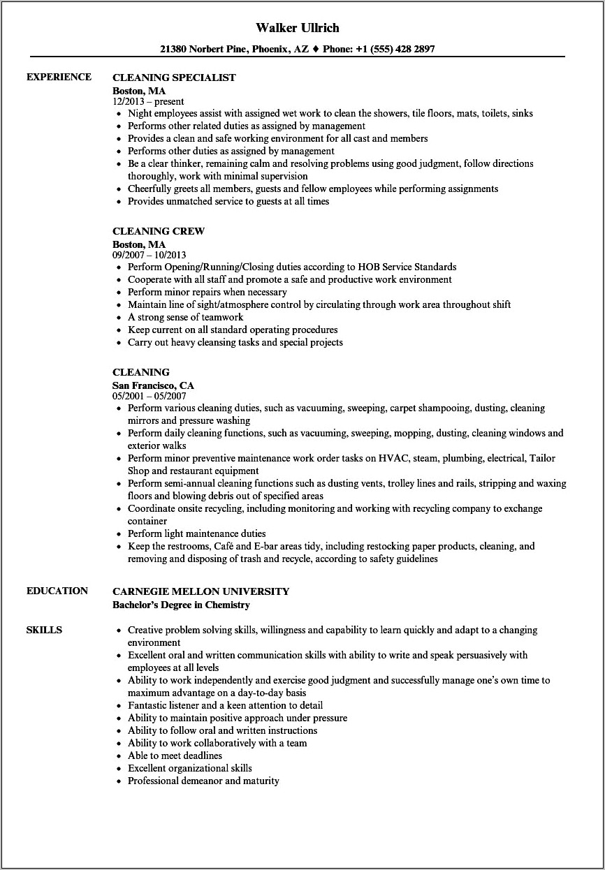 Resume Example For House Cleaning Crew