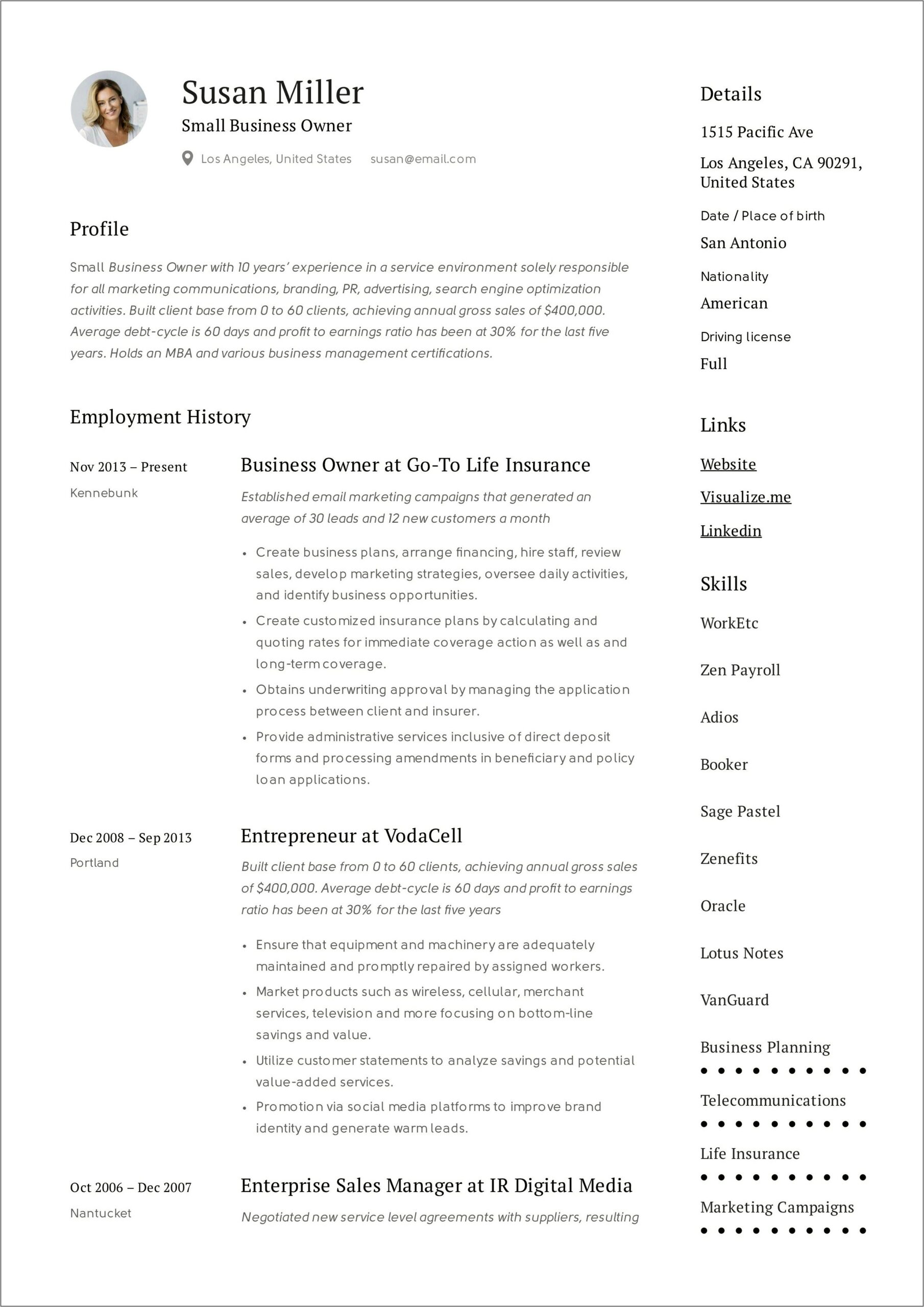 Resume Example For Small Business Application