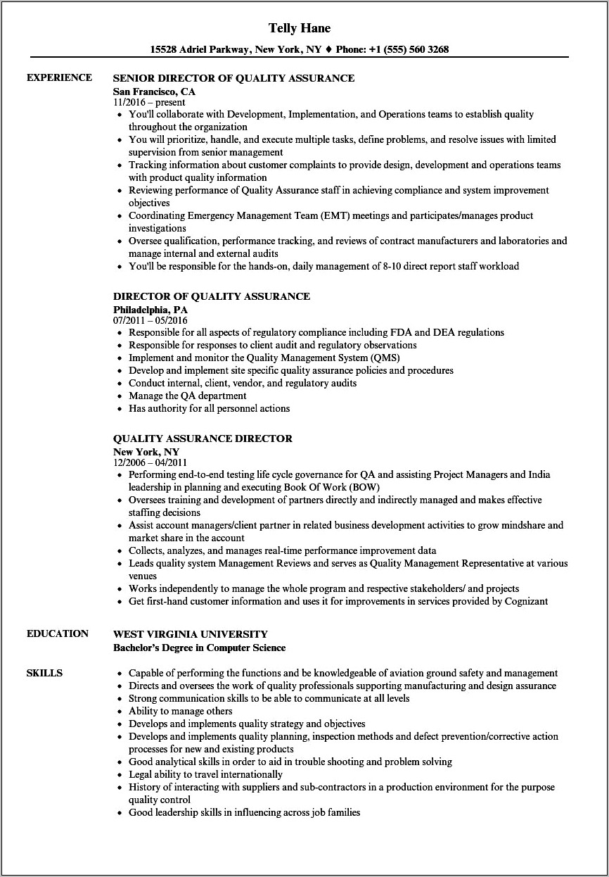 Resume Example Of Quality Assurance Manger Fulfilling Regulatory