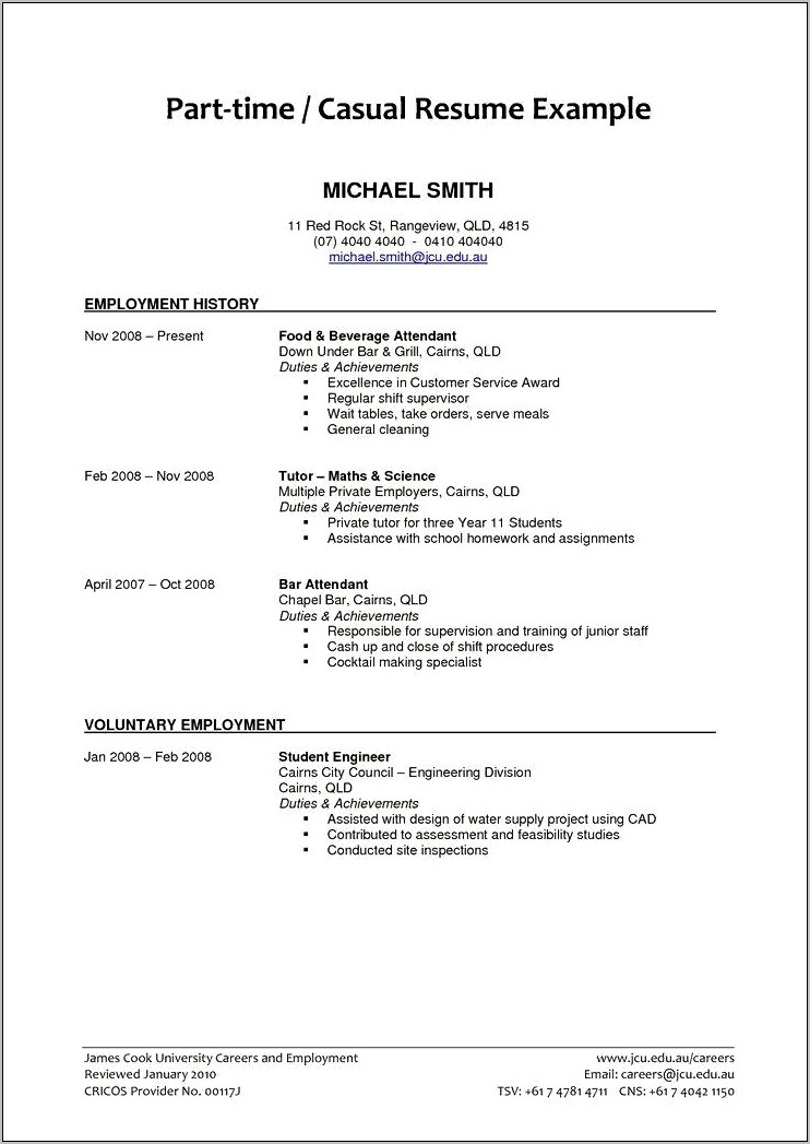 Resume Example Part Time Job Student