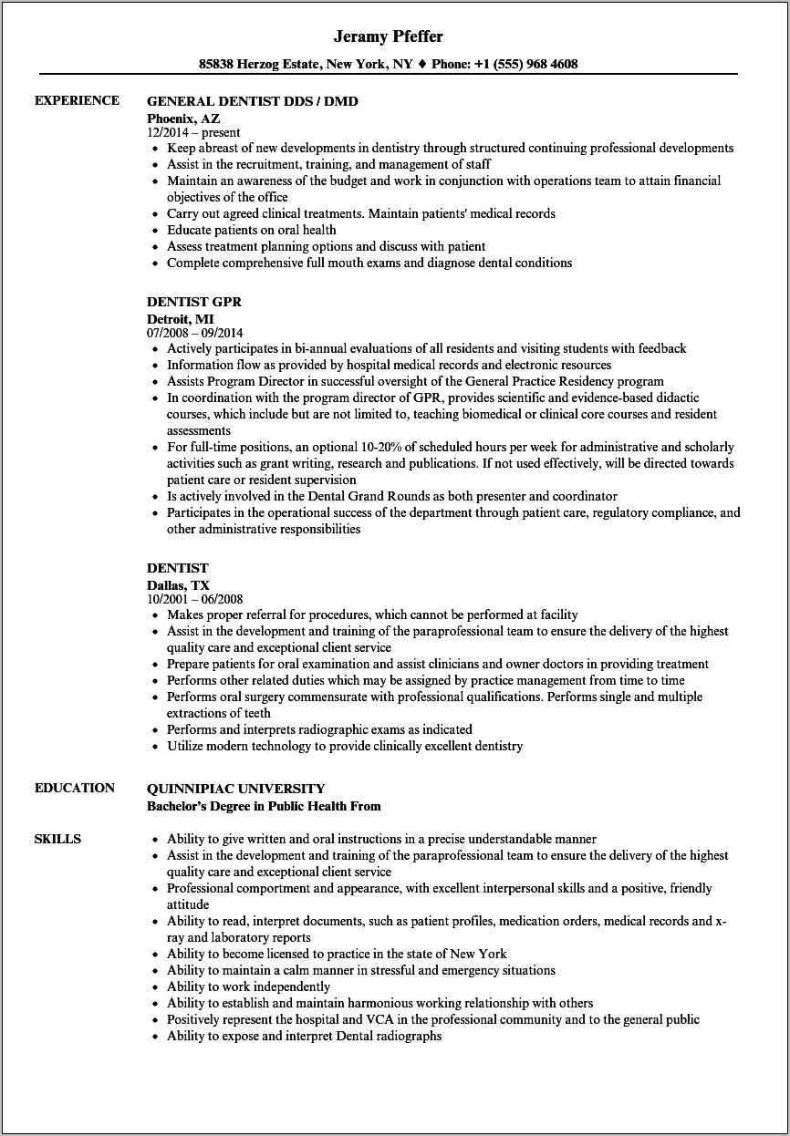 Resume Examples For Dental Or Medical Residency