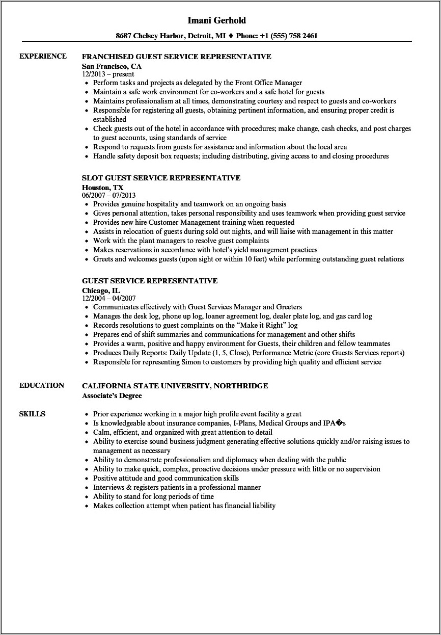 Resume Examples For Guest Service Agent