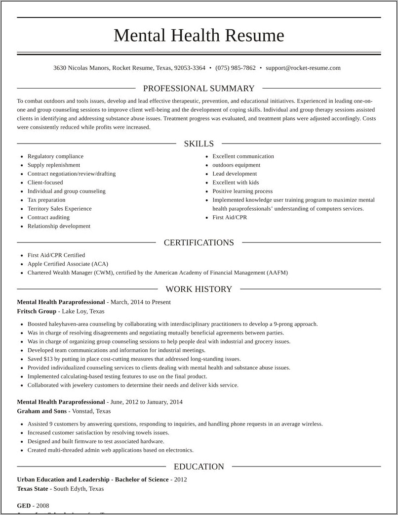 Resume Financial Management For Mental Health Clients