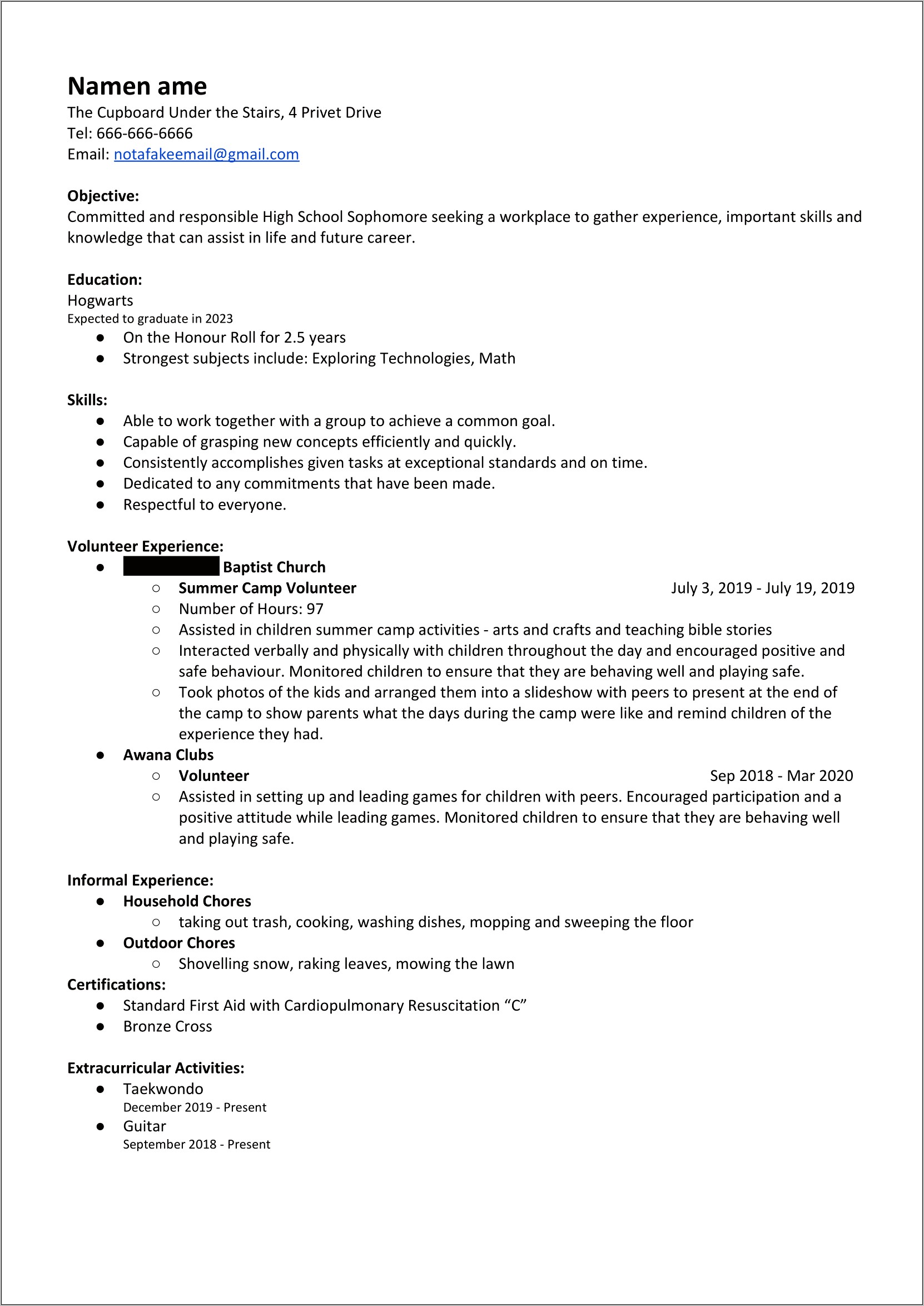 Resume For 16 Year Old No Experience