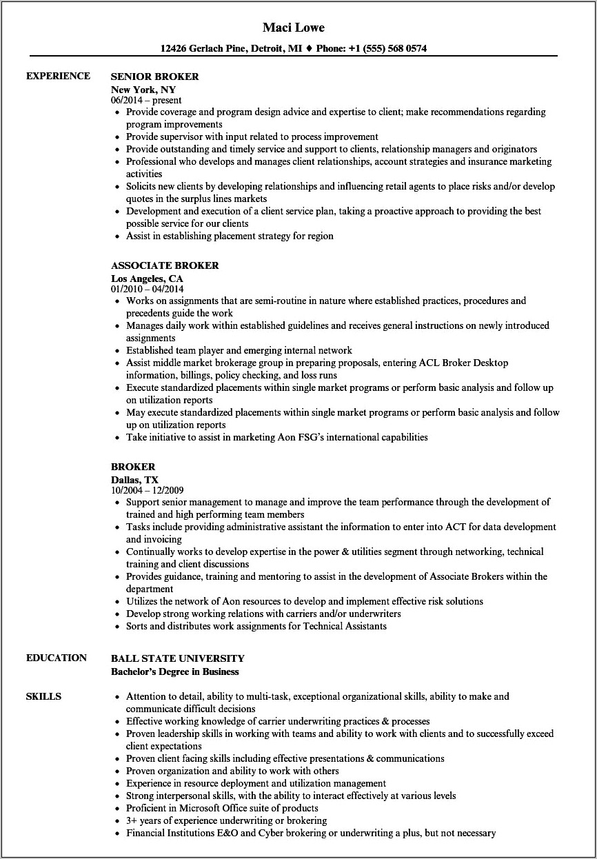 Resume For A Broker Job College Graduatew