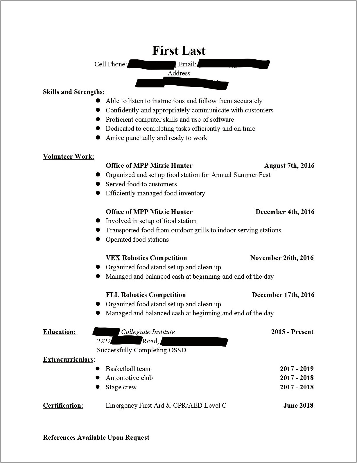 Resume For A High School Student First Job