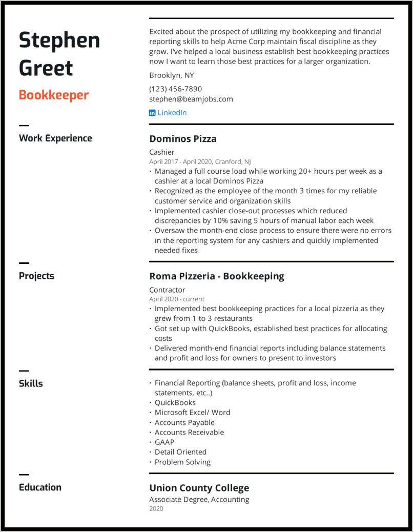 Resume For Accounting And Book Keeper Jobs Templates